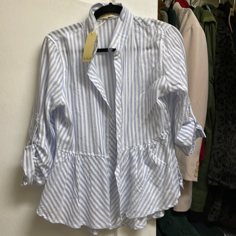 Light blue and white striped button up